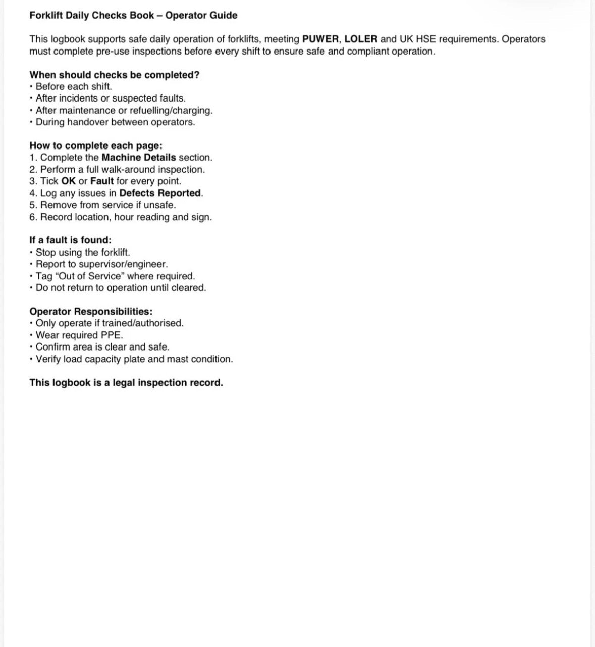 Forklift Daily Checks Book A4 91 Page (3 Months)