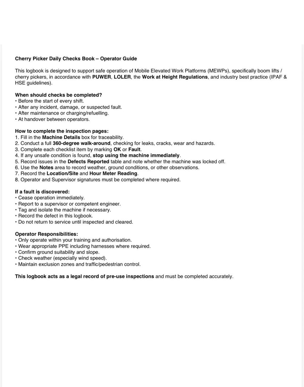 Cherry Picker Daily Checks Book A4 Wire Bound 91 Page 3 Months