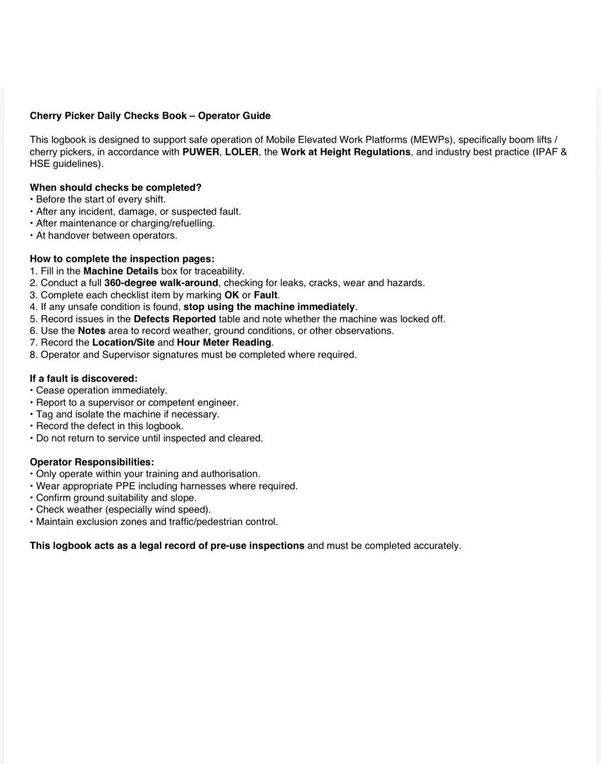 Cherry Picker Daily Checks Book A4 Wire Bound 91 Page 3 Months