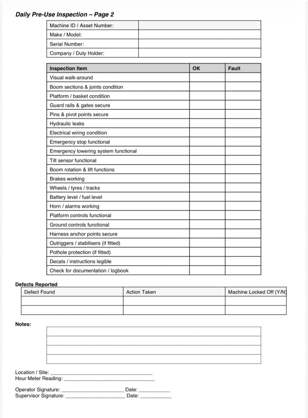 Cherry Picker Daily Checks Book A4 Wire Bound 91 Page 3 Months