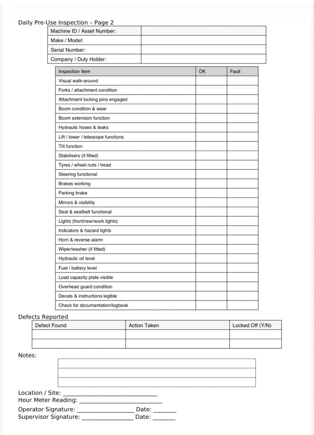 Telehandler Daily Checks A4 Wire Bound 91 Page (3 Months)