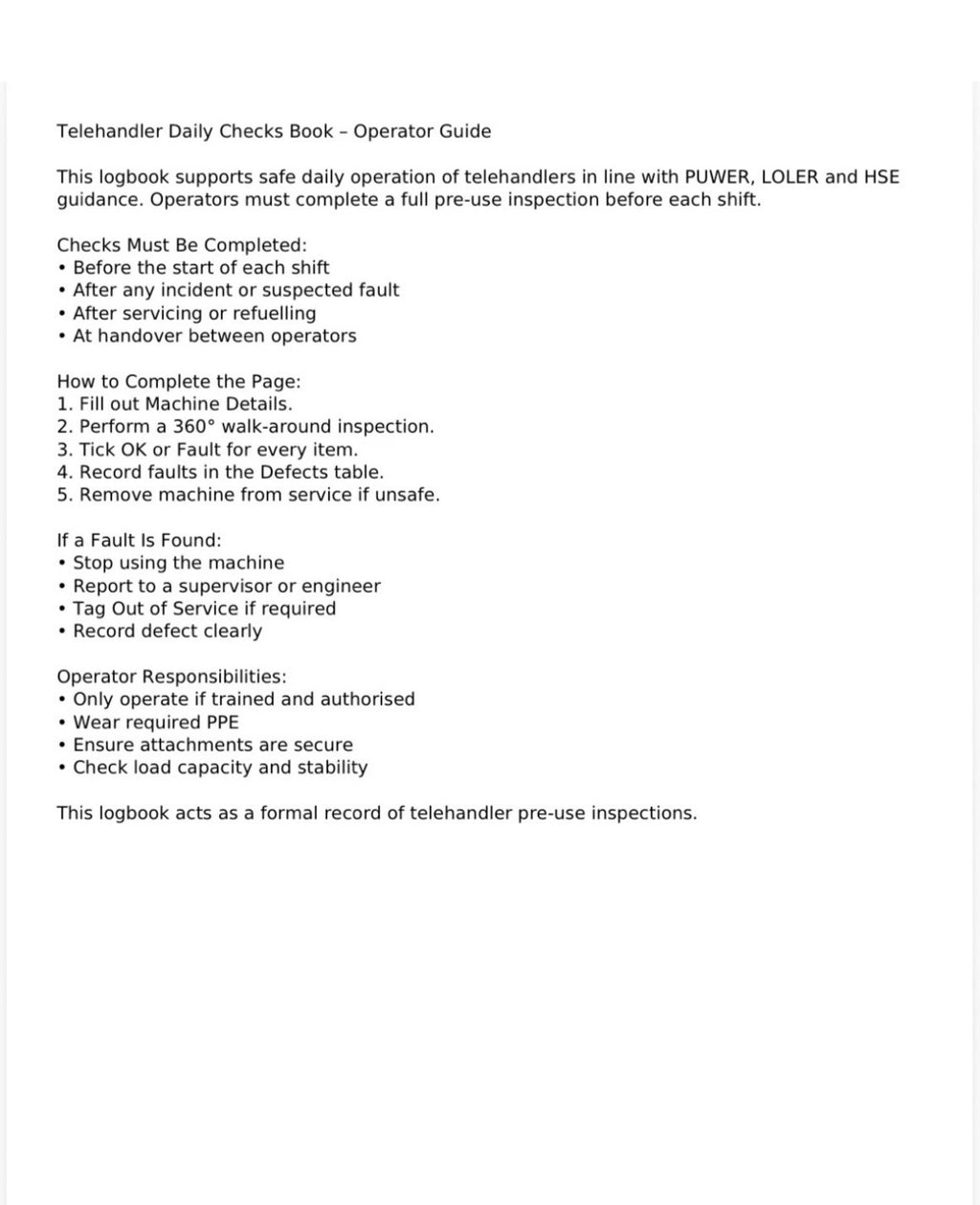 Telehandler Daily Checks A4 Wire Bound 91 Page (3 Months)