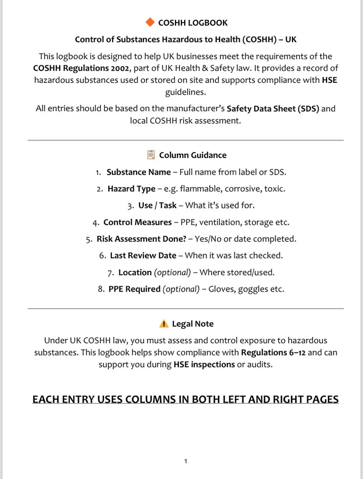 COSHH Logbook A4 101 Pages
