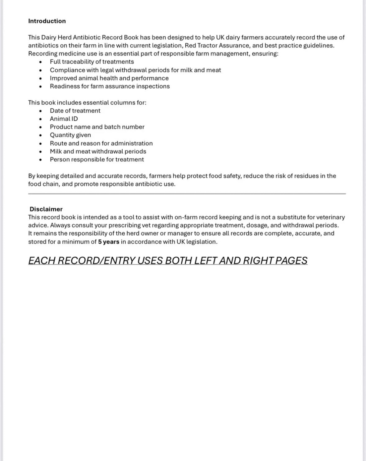 Dairy Cattle Antibiotic Record Book  A4 100 Pages