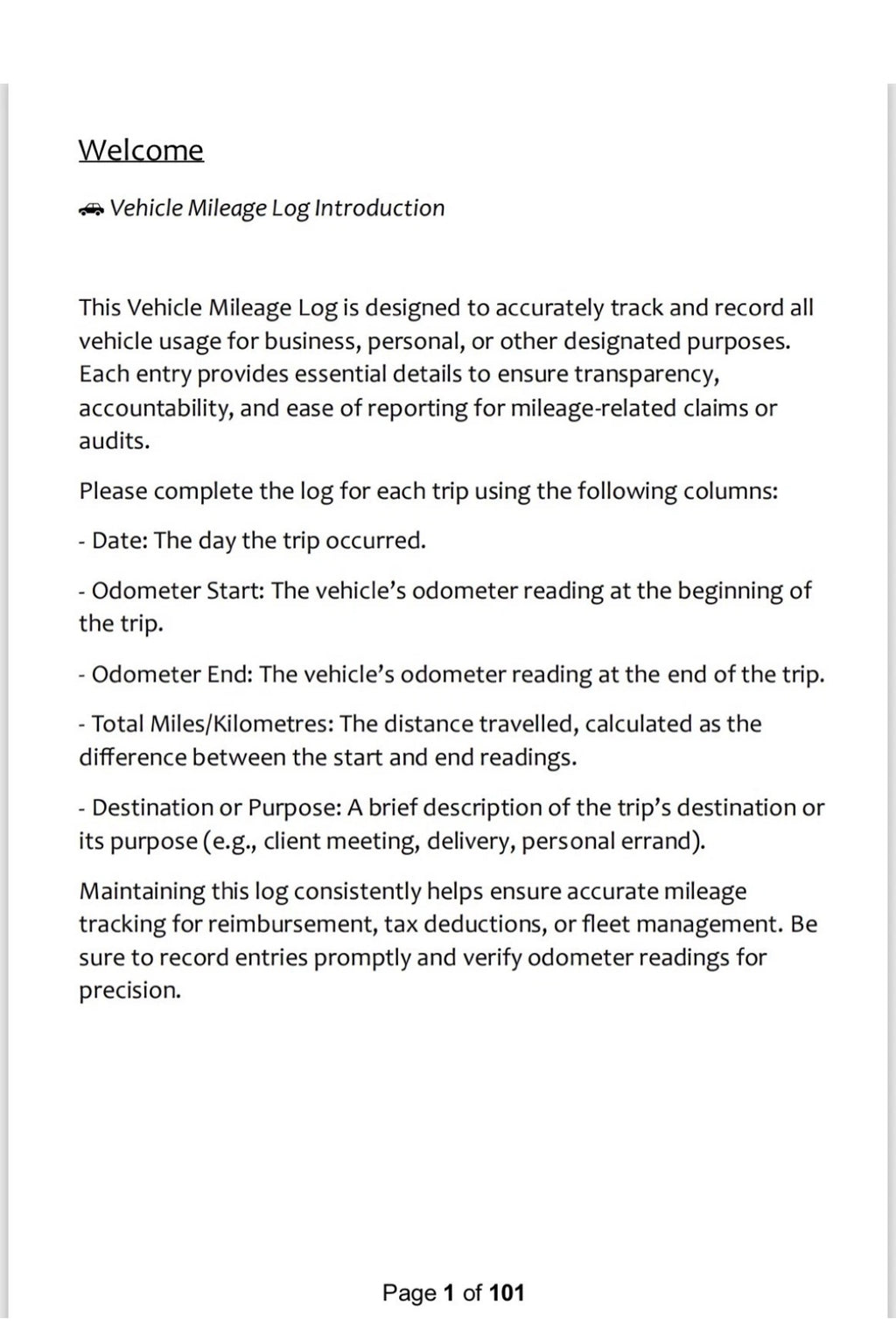 Vehicle Mileage Log - A5 100 Pages