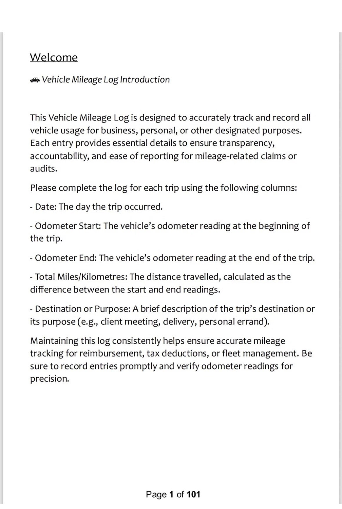 Vehicle Mileage Log - A5 100 Pages