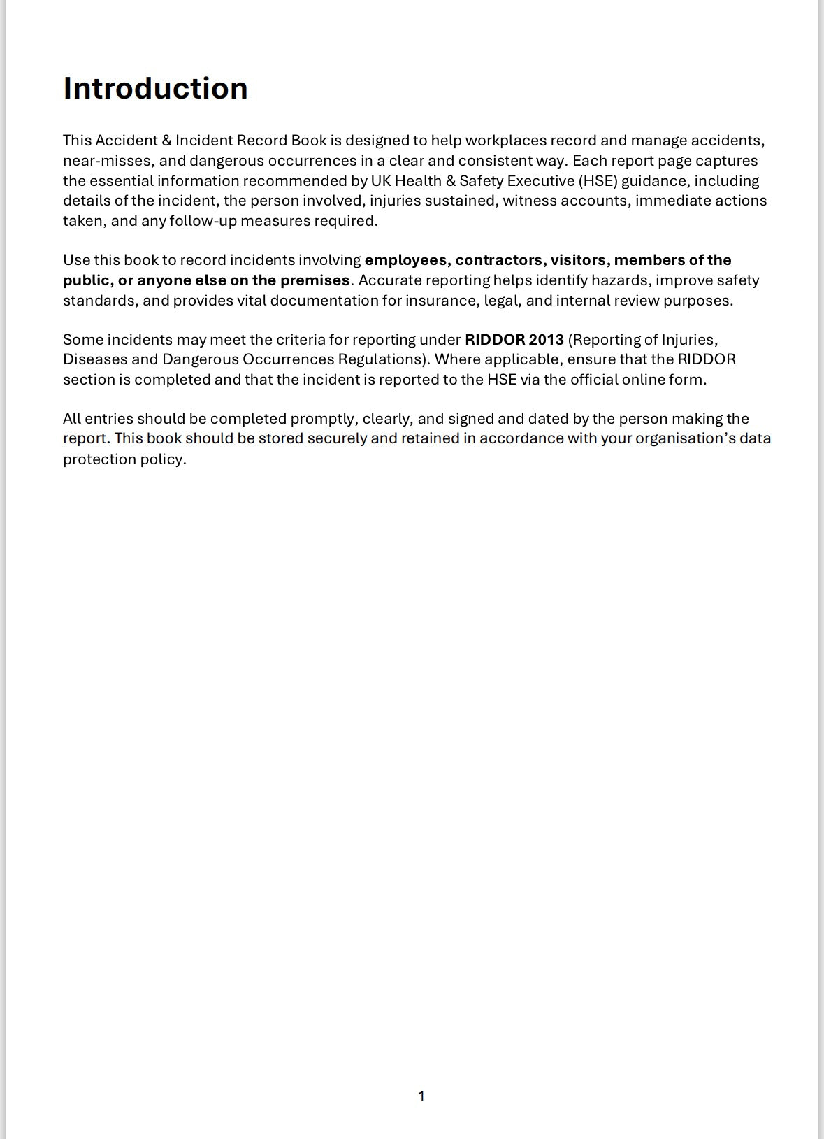 Accident Incident Record Book A4 100 Pages Workplace Log