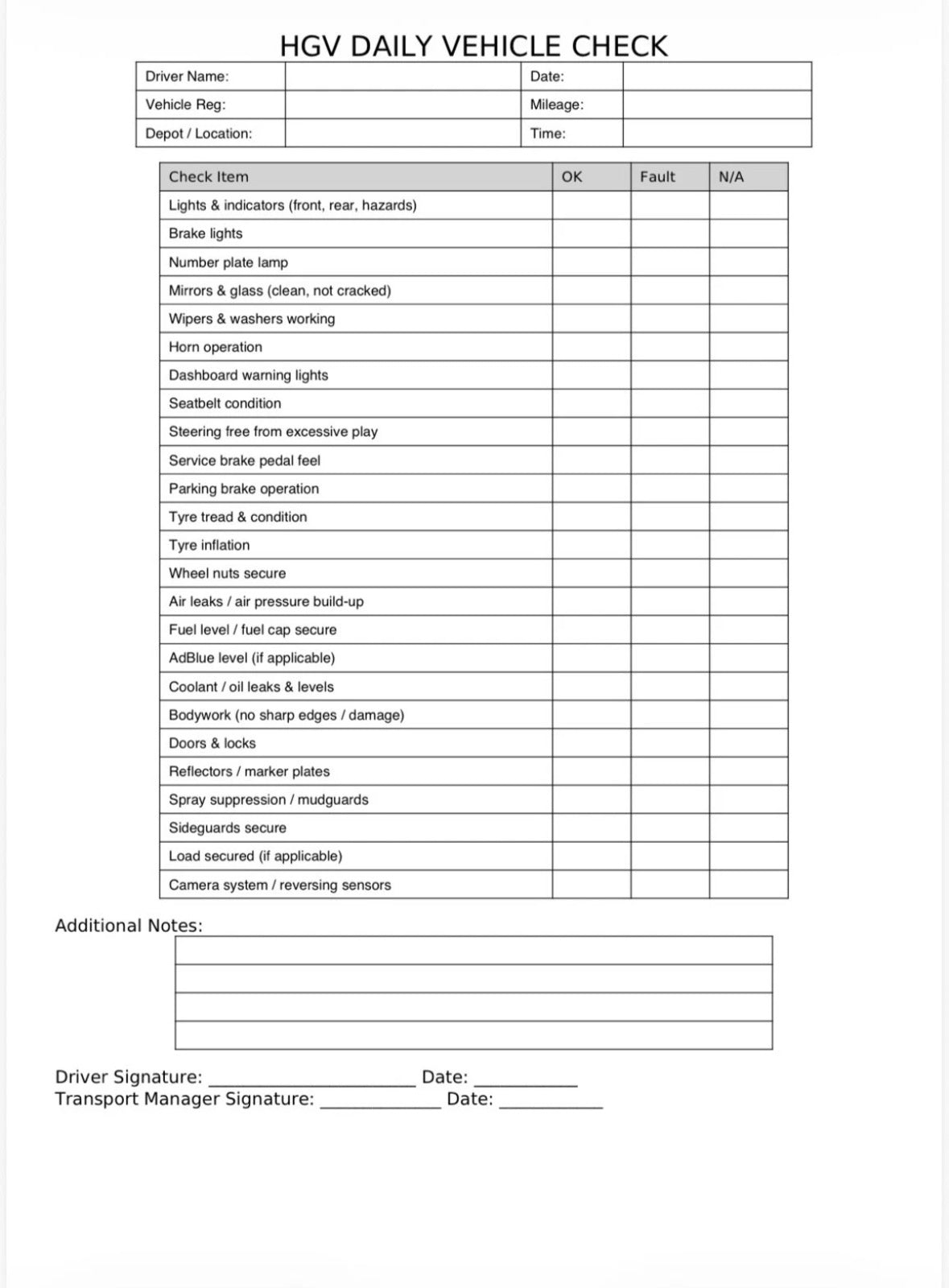 Rigid HGV Daily Checks Log Book A4 91 Page (3 months)