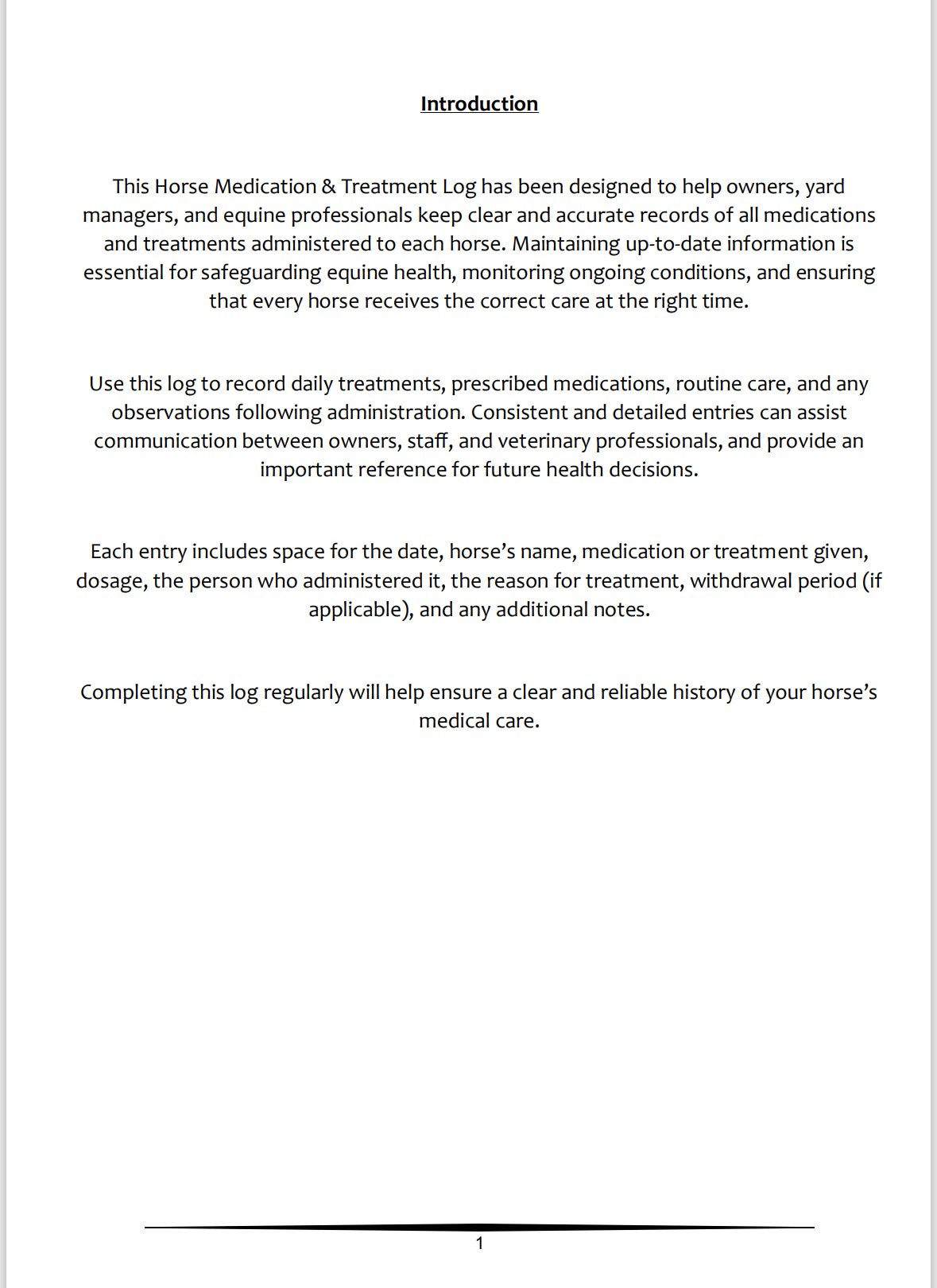 Horse Medication & Treatment Log - A4 100 Pages