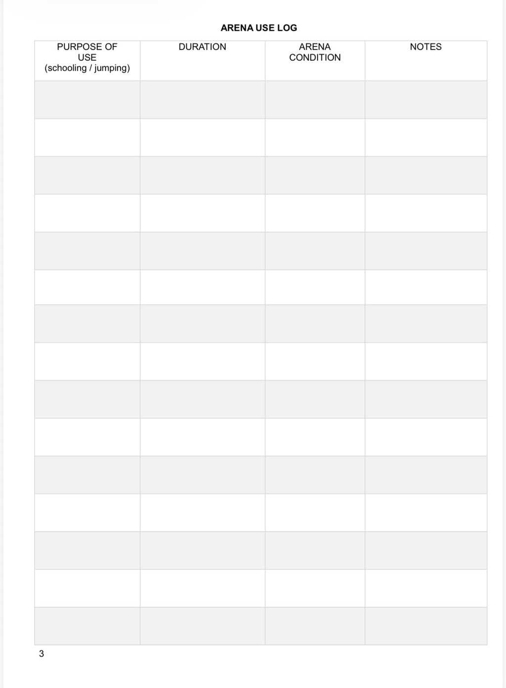 Arena Use & Maintenence Log - A4