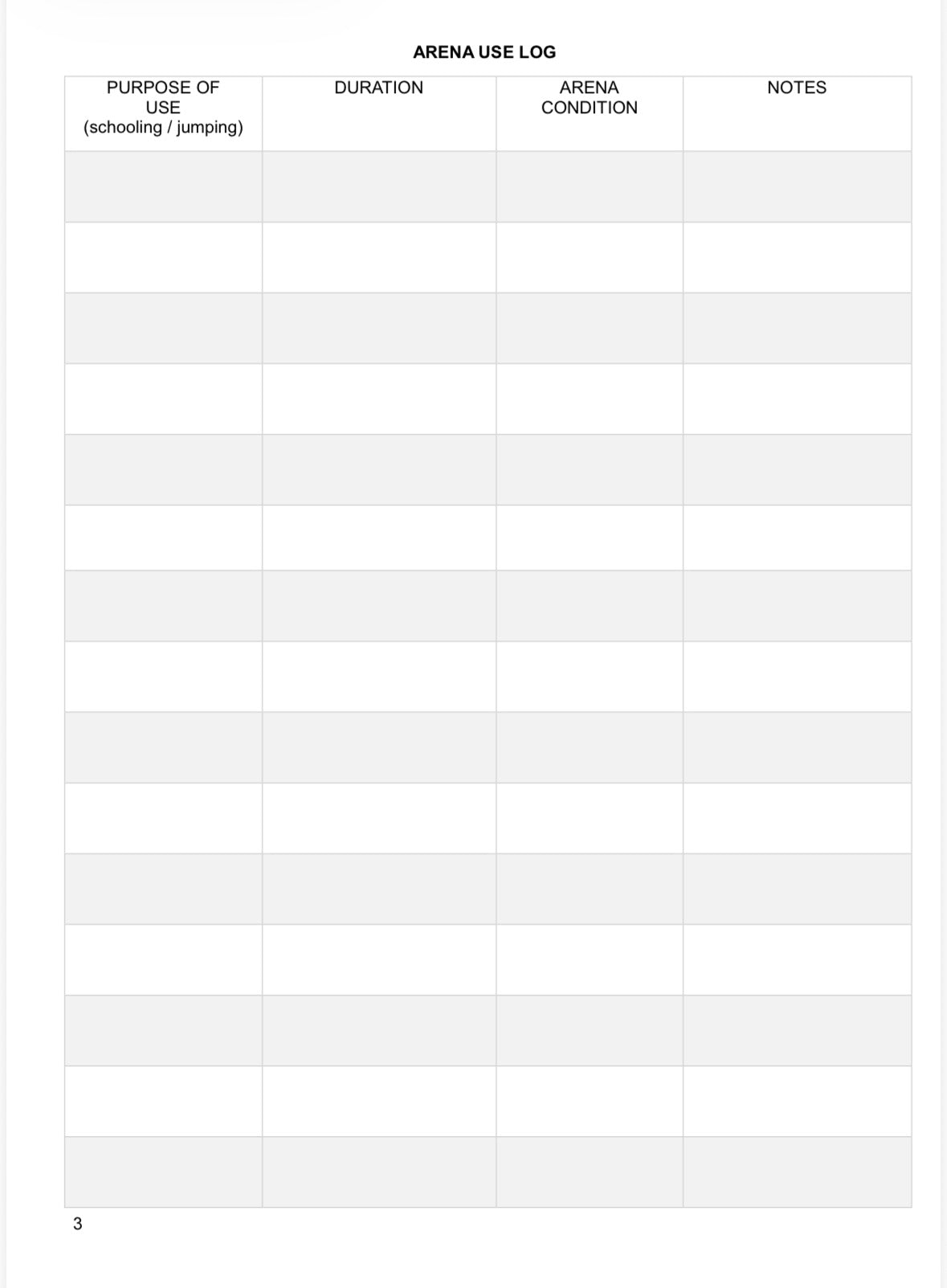 Arena Use & Maintenence Log - A4
