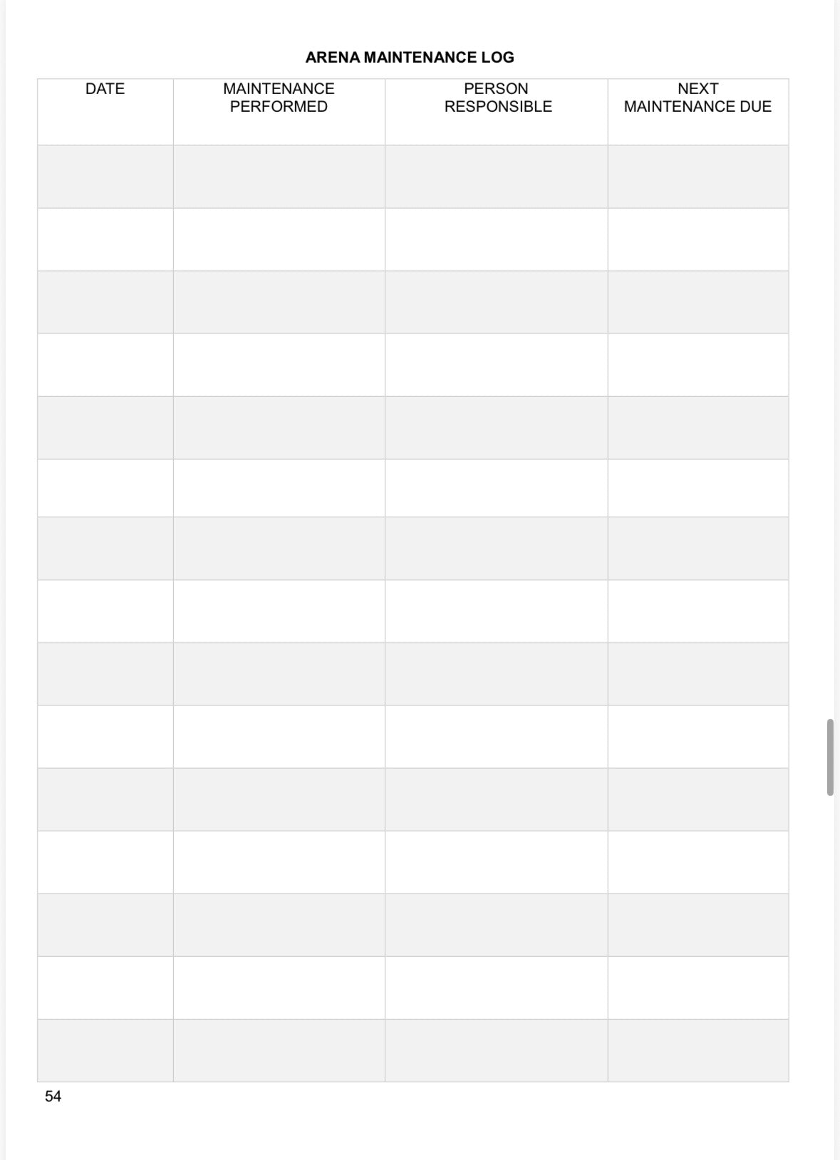 Arena Use & Maintenence Log - A4