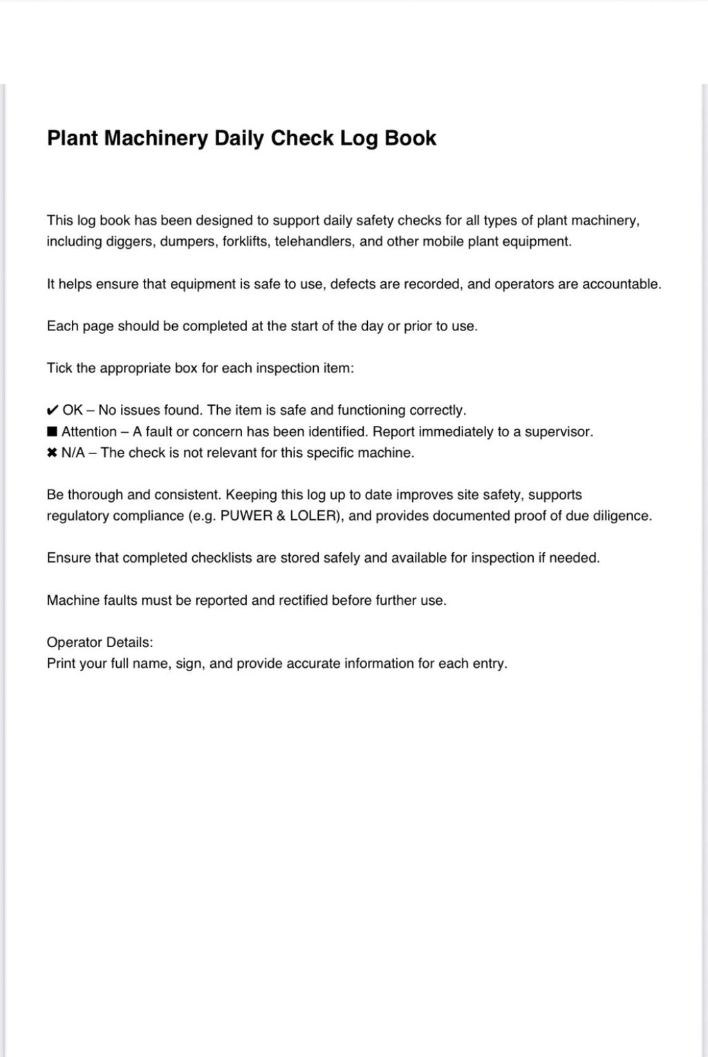 Plant Machinery Daily Check Log Book – 101 Pages, Wire Bound