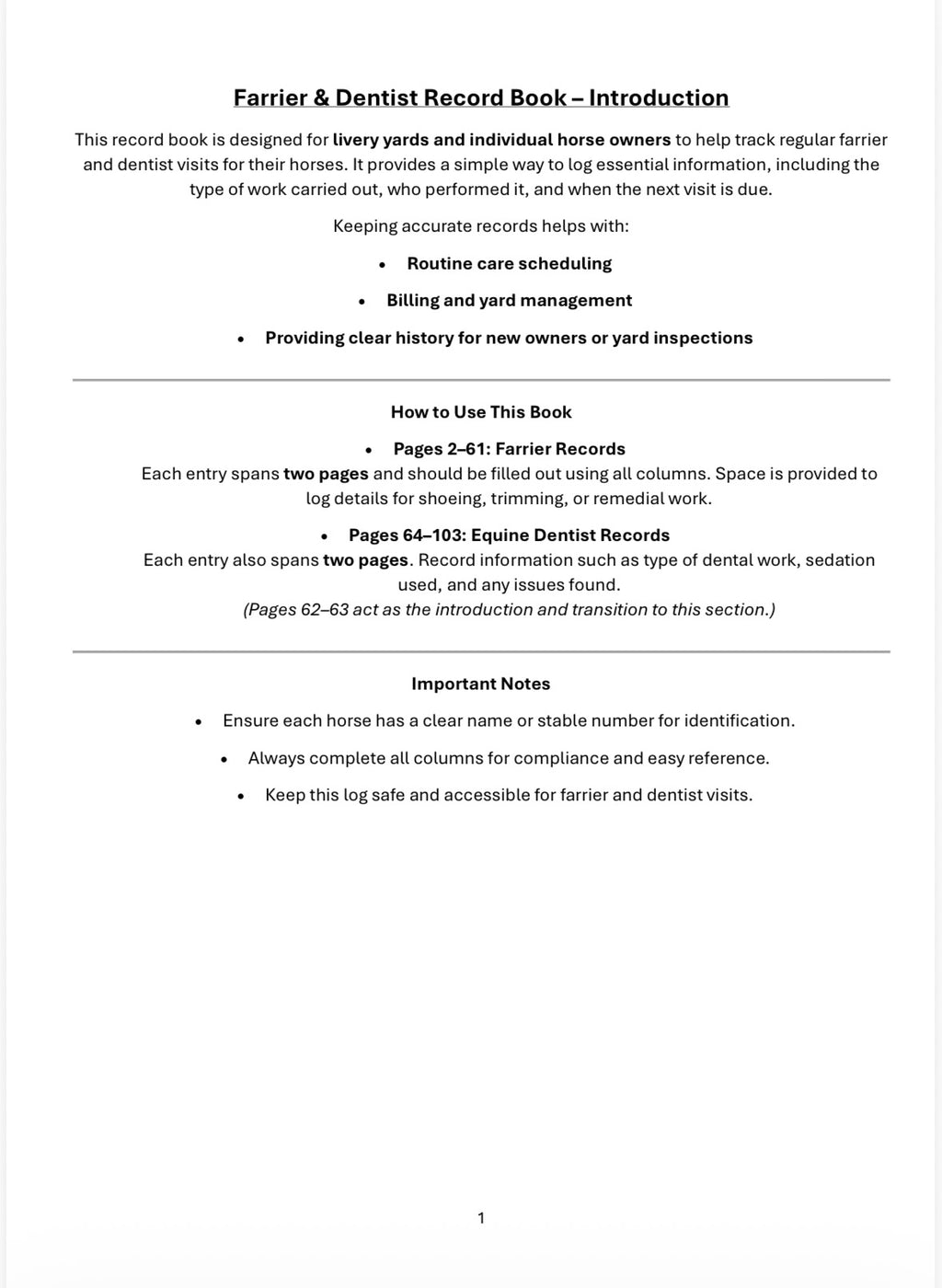 Farrier & Dentist Logbook - A4 100 Pages