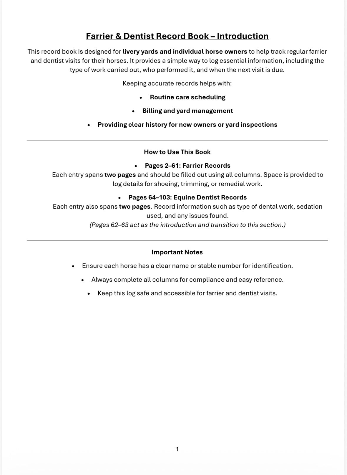 Farrier & Dentist Logbook - A4 100 Pages