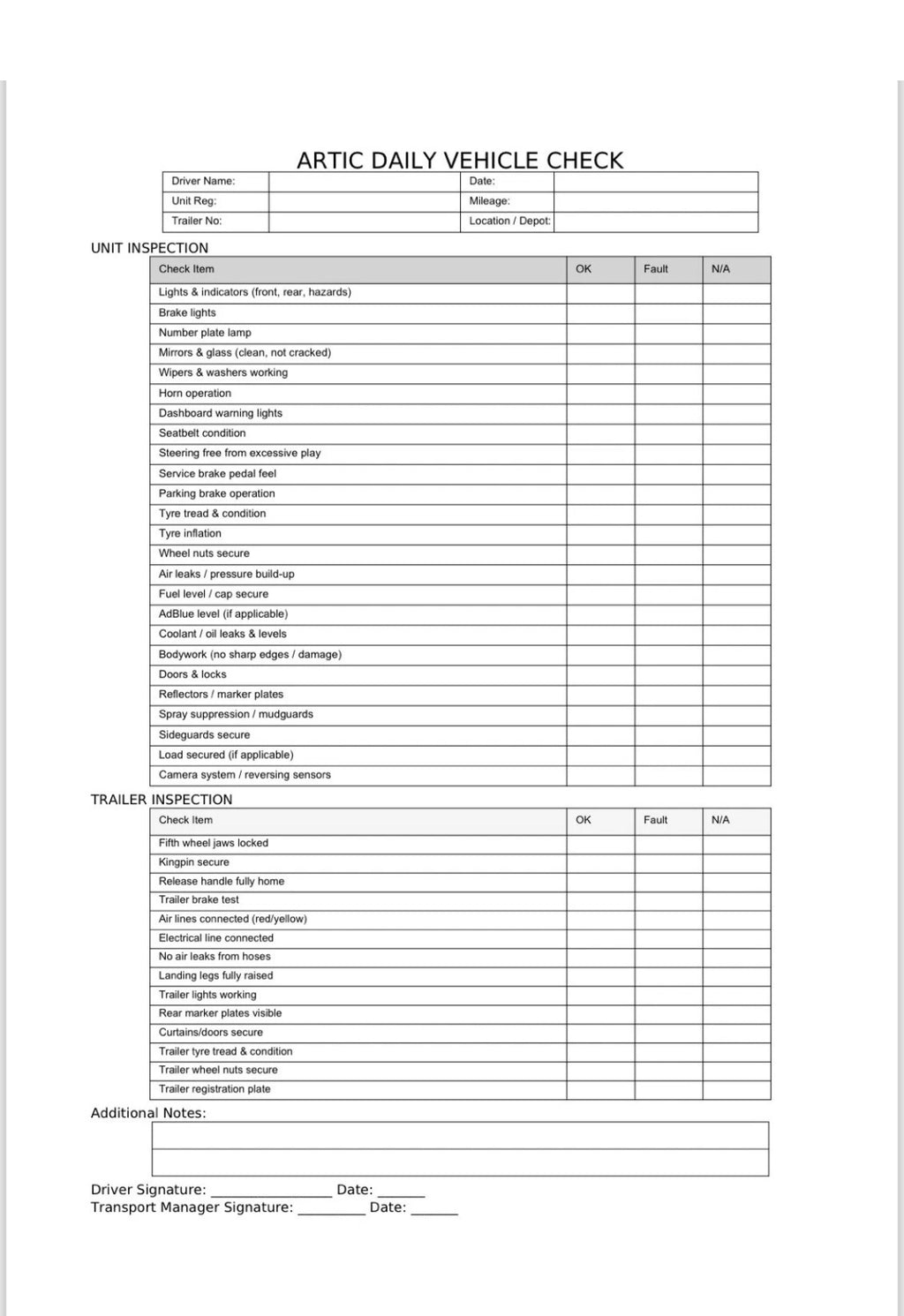 Artic HGV Daily Checks Log Book A4 91 Page (3 months)