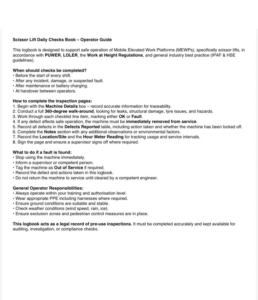 Scissor Lift Daily Checks Book A4 Wire Bound 91 Page (3 Months)