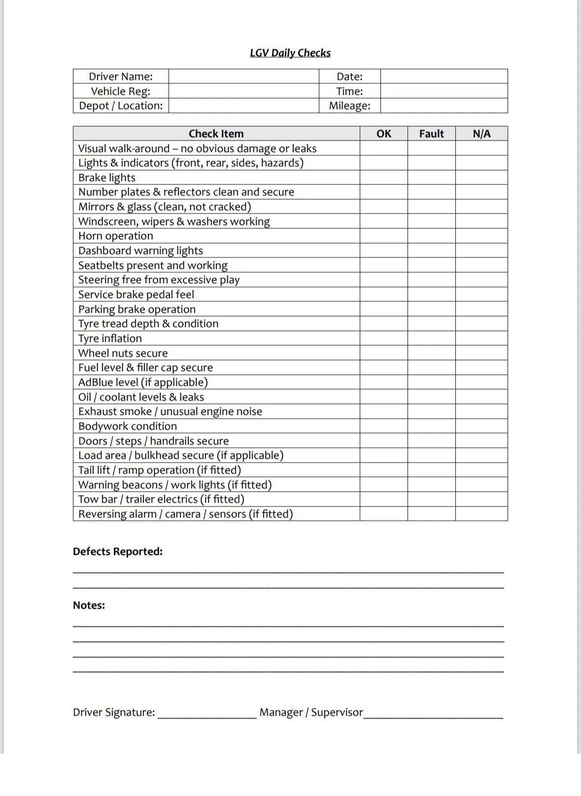 LGV Daily Vehicle Checks Book A4 91 Pages Safety Walkaround Log