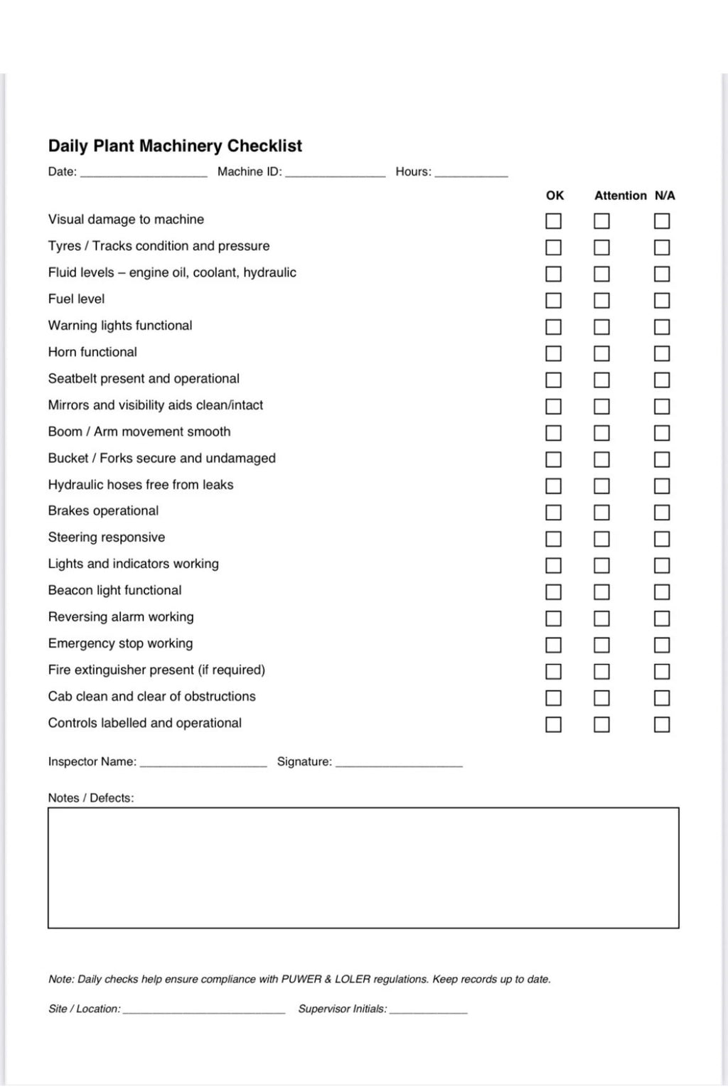 Plant Machinery Daily Check Log Book – 101 Pages, Wire Bound