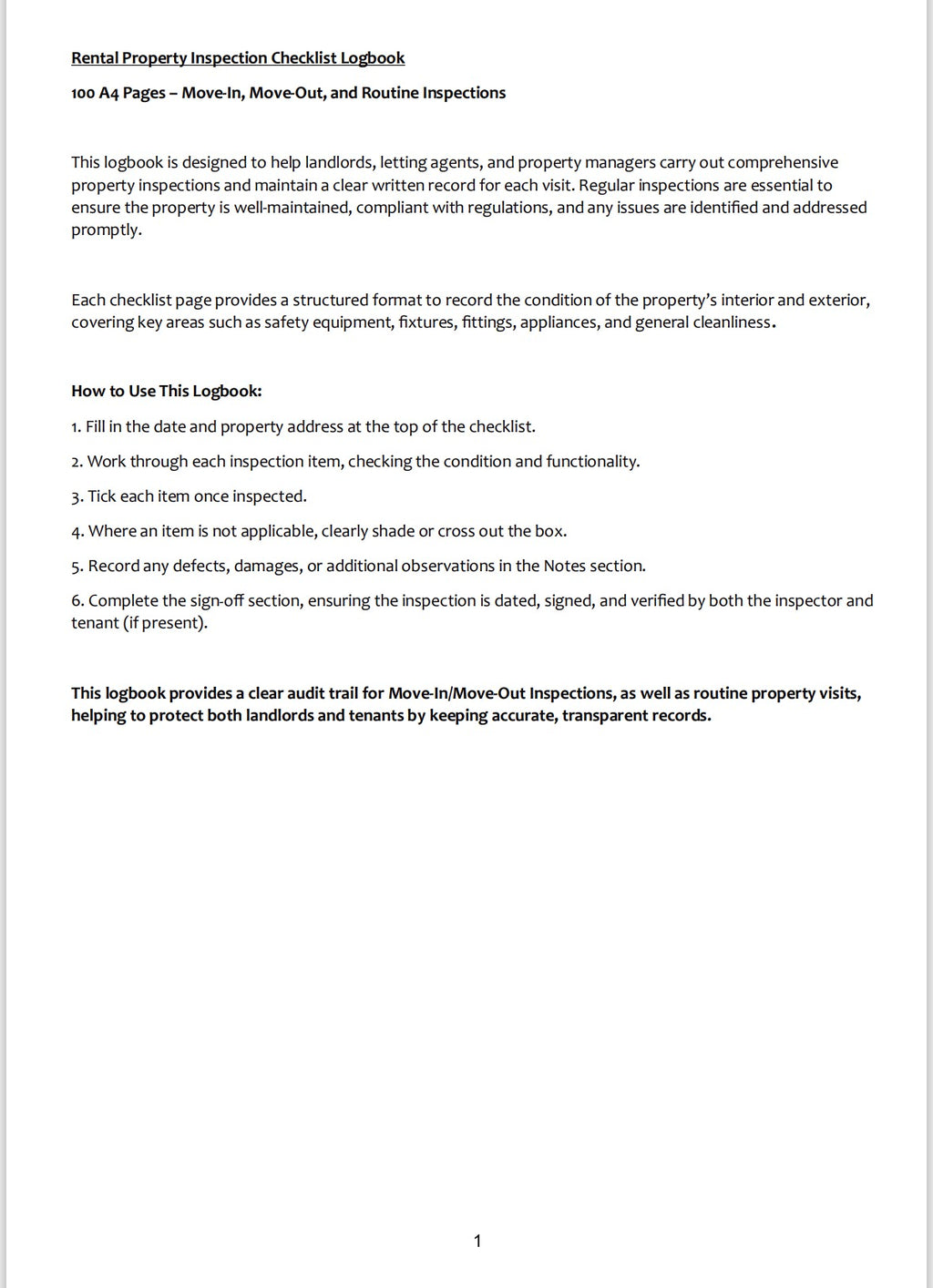 Holiday Rental Maintenance & Safety Checklist – A4 Wire-Bound (100 Pages)