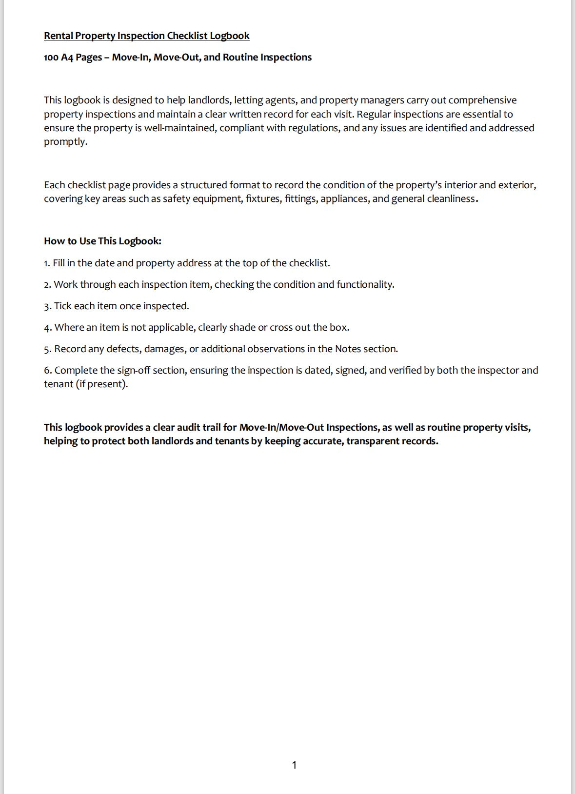 Holiday Rental Maintenance & Safety Checklist – A4 Wire-Bound (100 Pages)